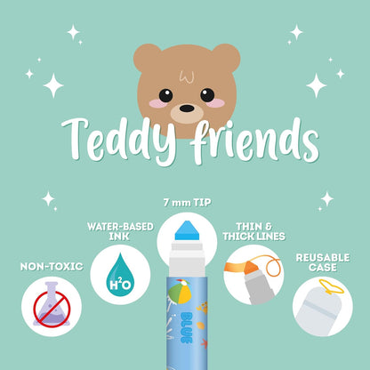 Legami - Set of 12 Pens - Teddy Friends, 12 Assorted Colours, Washable and Non-Toxic, Anti-indentation Tip, Thin and Wide Lines, for Children and Girls, Reusable Packaging