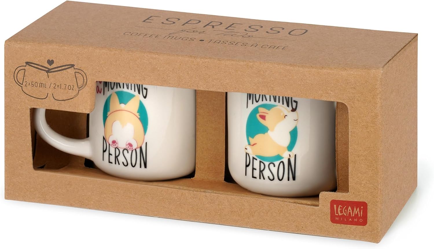 Legami - Espresso for Two Coffee Mugs, Set of 2 New Bone China Coffee Mugs, Dishwasher Safe Coffee Cup, Corgi Morning Person Theme, Diameter 5.5 cm, Capacity 50 ml