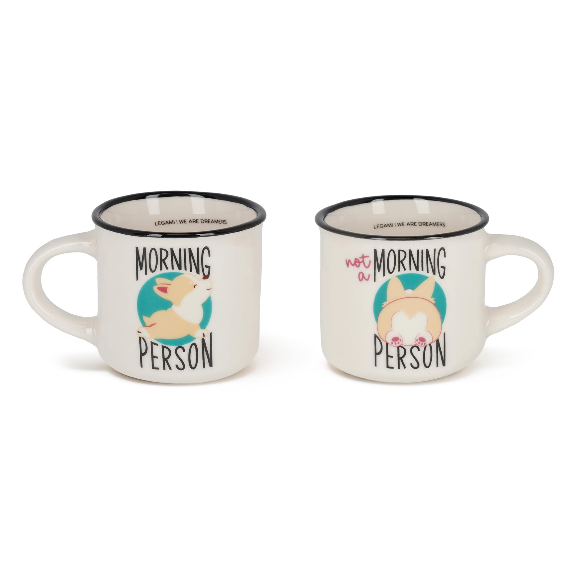 Legami - Espresso for Two Coffee Mugs, Set of 2 New Bone China Coffee Mugs, Dishwasher Safe Coffee Cup, Corgi Morning Person Theme, Diameter 5.5 cm, Capacity 50 ml