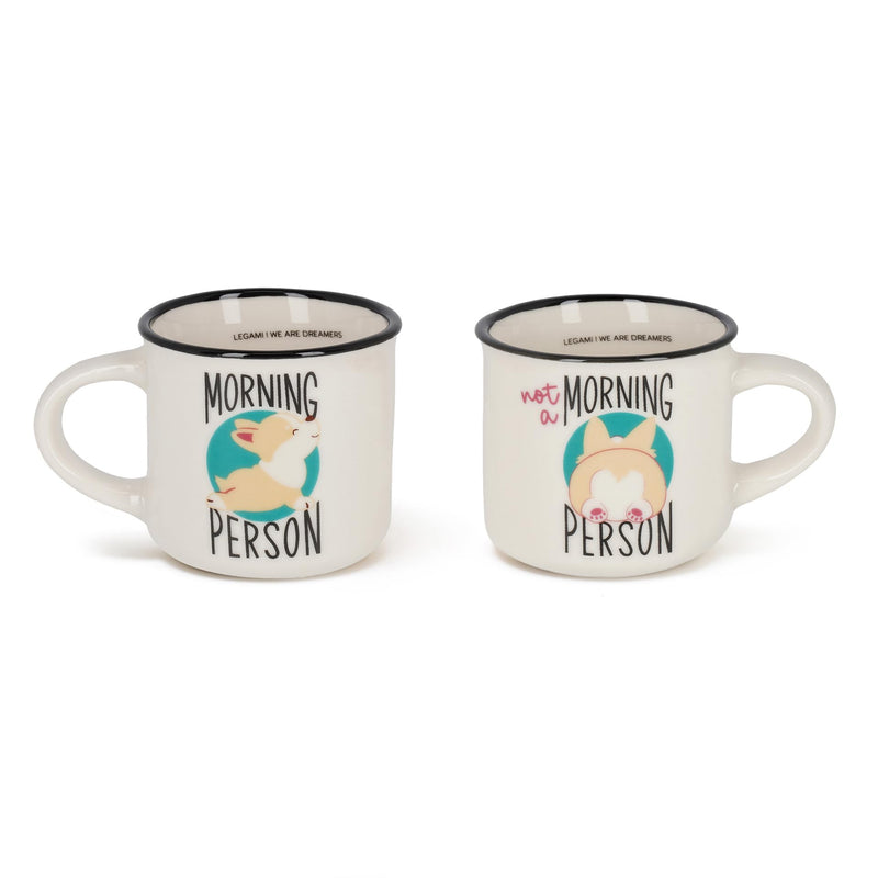 Legami - Espresso for Two Coffee Mugs, Set of 2 New Bone China Coffee Mugs, Dishwasher Safe Coffee Cup, Corgi Morning Person Theme, Diameter 5.5 cm, Capacity 50 ml