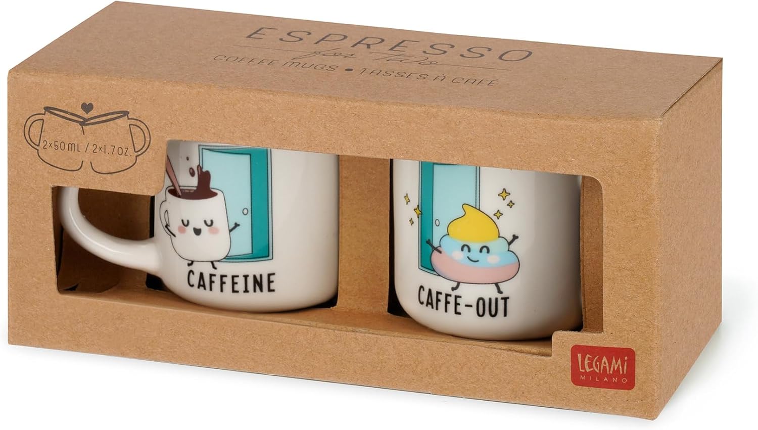 Legami - Espresso for Two Coffee Mugs, Set of 2 New Bone China Coffee Mugs, Dishwasher Safe Coffee Cup, Poo Theme, Diameter 5.5 cm, Capacity 50 ml