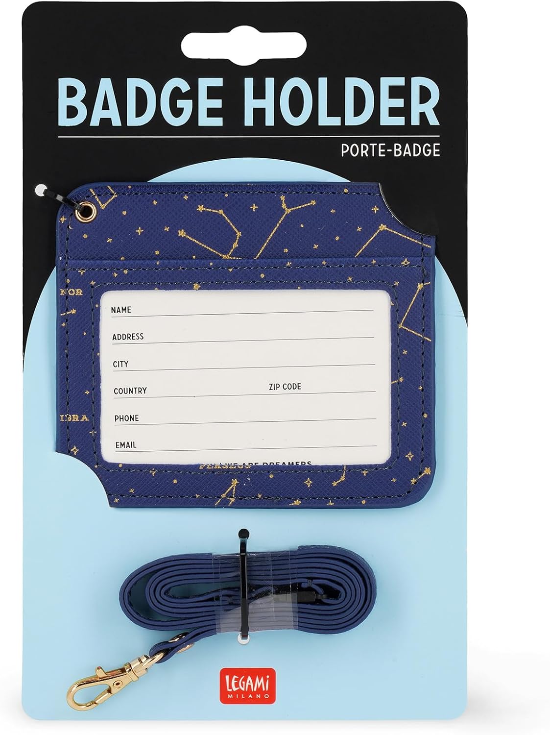 Legami - Badge Holder with Lobster Clasp, Card Holder with Security Clip Closure, 1 Transparent Window, PU Leather Card Pockets, Size 10.5 x 9 cm, Stars Theme