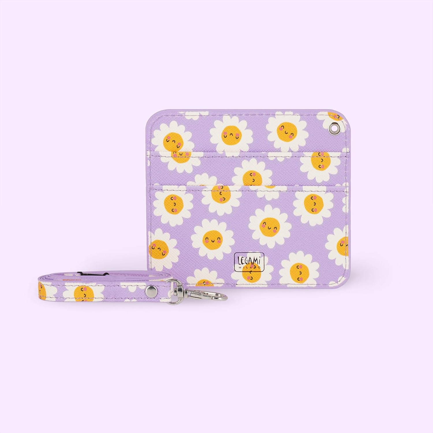 Legami - Badge Holder with Lobster Clasp, Card Holder with Security Clip Closure, 1 Transparent Window, PU Leather Card Pockets, Size 10.5 x 9 cm, Daisy Theme