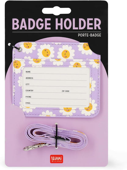 Legami - Badge Holder with Lobster Clasp, Card Holder with Security Clip Closure, 1 Transparent Window, PU Leather Card Pockets, Size 10.5 x 9 cm, Daisy Theme