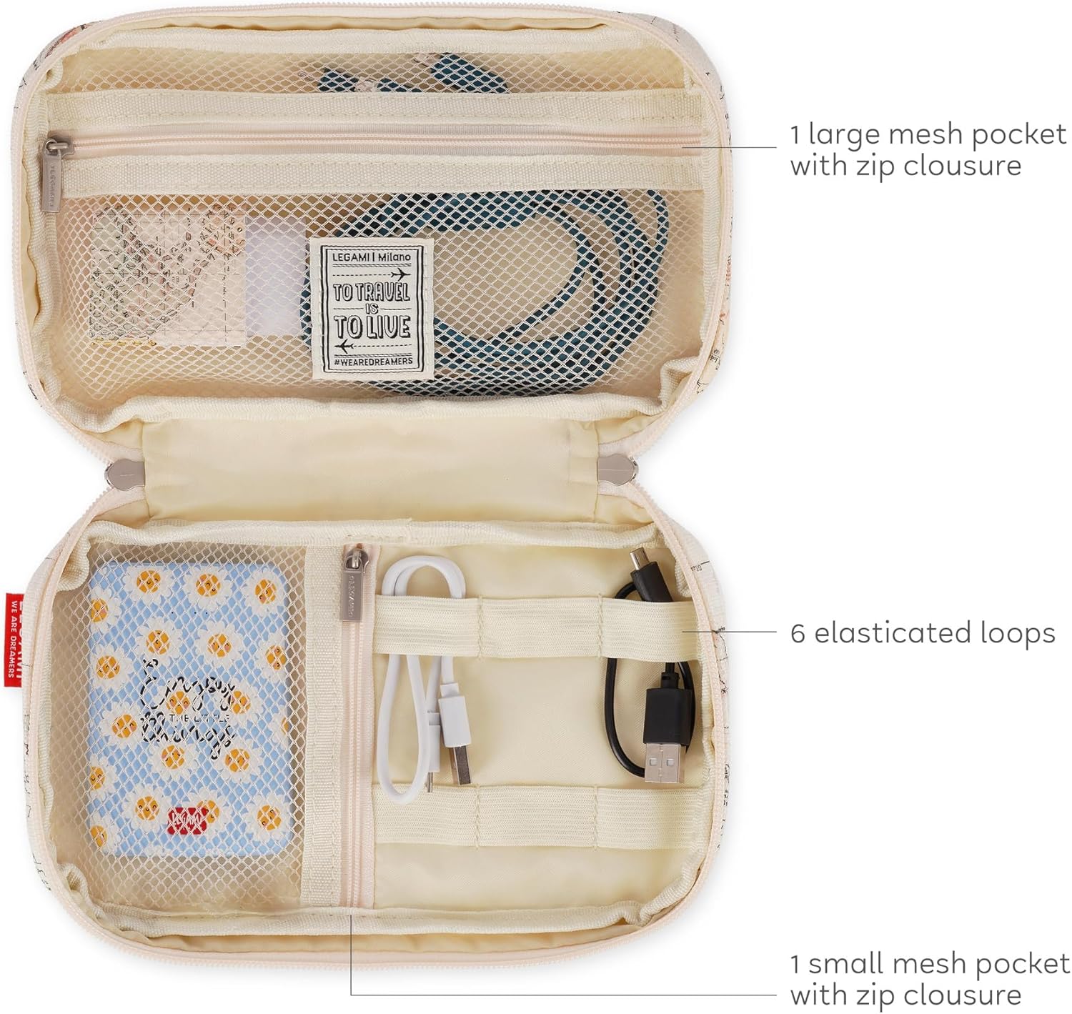 Legami - Cable Organizer - Cable Organizer, Travel Case for PC Phone Wires and Cables, Bag for Electronic Gadgets, Charger, Power Bank, Small Portable Bag, 24 x 14 x 4.8 cm, Beige, Soft