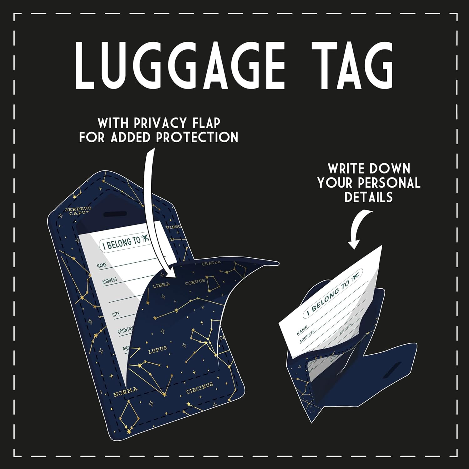 Legami - Luggage Tag, Luggage Tag for Suitcase, Accessory for Airplane Cruise Train, Luggage Tag for Data Protection in PU Leather and Microfibre, Stars