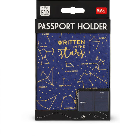 Legami - Blue Passport Holder, Passport Holder Wallet for Travel, Passport Case, 1 Passport Pocket, 4 Card Pockets, RFID Protection, 10.5 x 14 x 1 cm, Stars Theme, Blue, S, Casual