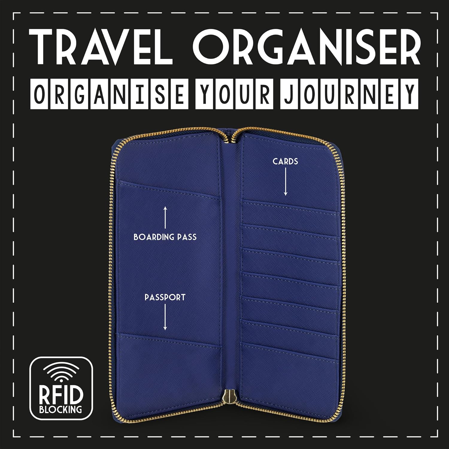 Legami - Blue Travel ID Card Holder, RFID Blocking Passport Organizer, 4 Large Pockets, 7 Small Pockets, Zip Closure, 11 x 24 x 3 cm, Stars Theme, Blue, L, Casual