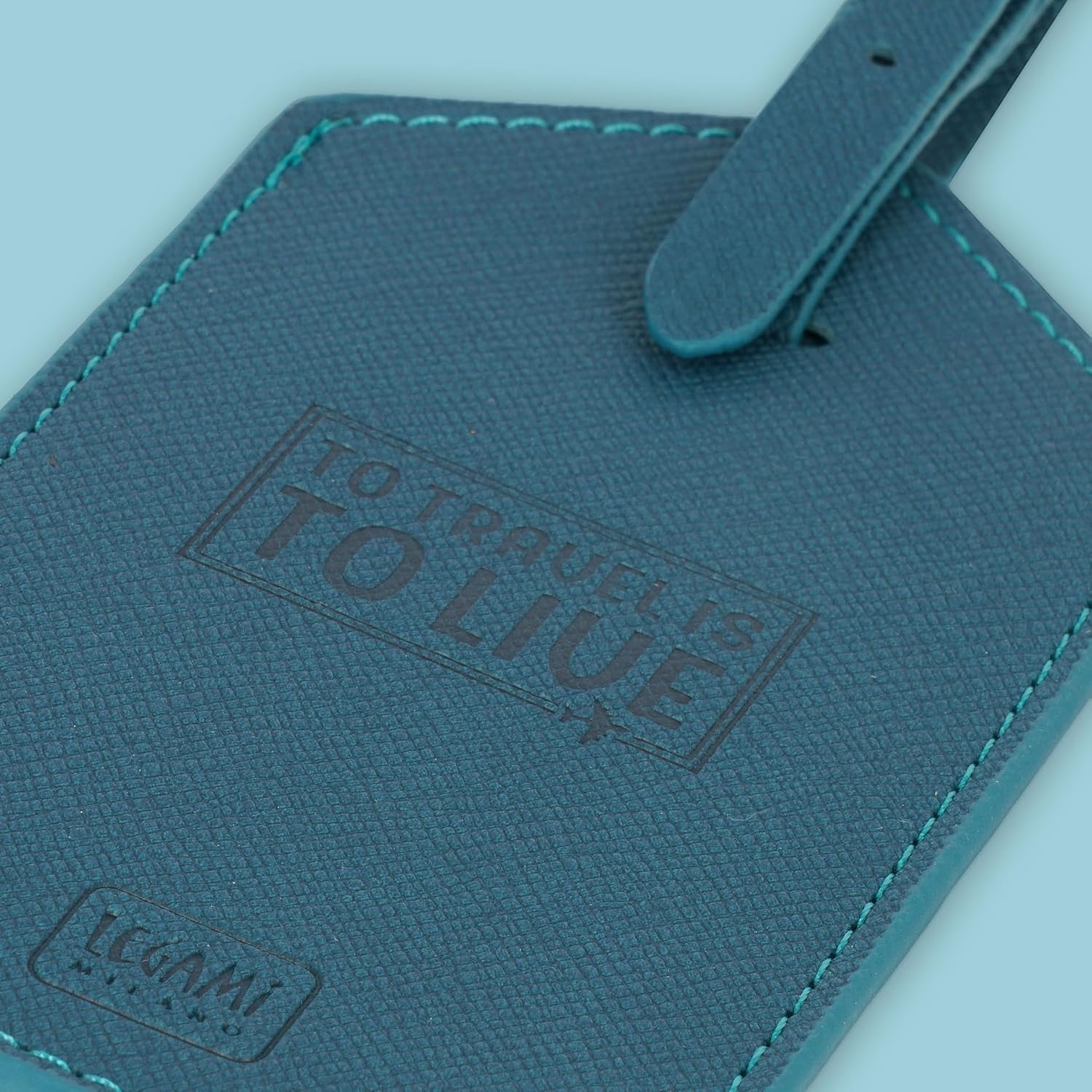 Legami - Luggage Tag, Luggage Tag for Suitcase, Accessory for Airplane Cruise Train, Luggage Tag for Data Protection in PU Leather and Microfibre, Petrol Blue