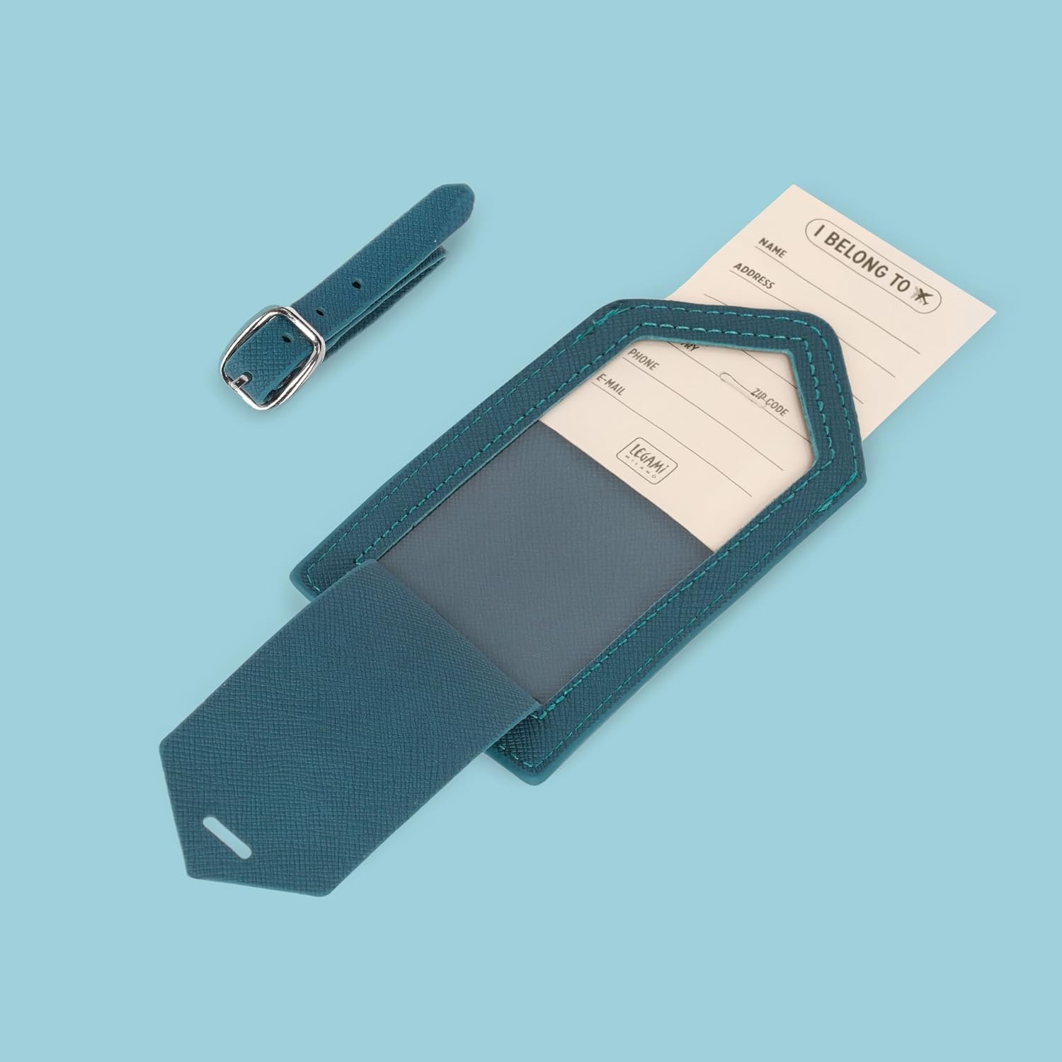 Legami - Luggage Tag, Luggage Tag for Suitcase, Accessory for Airplane Cruise Train, Luggage Tag for Data Protection in PU Leather and Microfibre, Petrol Blue