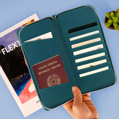 Legami - Petrol Blue Travel Document Holder Passport ID Card Holder RFID Blocking 4 Large Pockets 7 Small Pockets Zip Closure 11 x 24 x 3 cm, Blue, L, Casual
