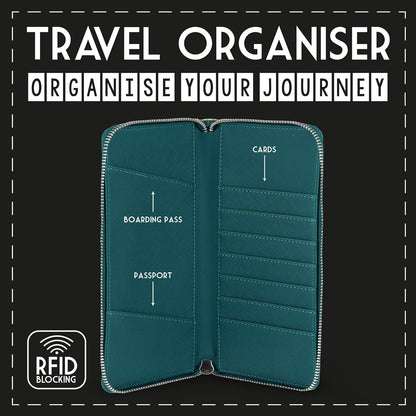 Legami - Petrol Blue Travel Document Holder Passport ID Card Holder RFID Blocking 4 Large Pockets 7 Small Pockets Zip Closure 11 x 24 x 3 cm, Blue, L, Casual