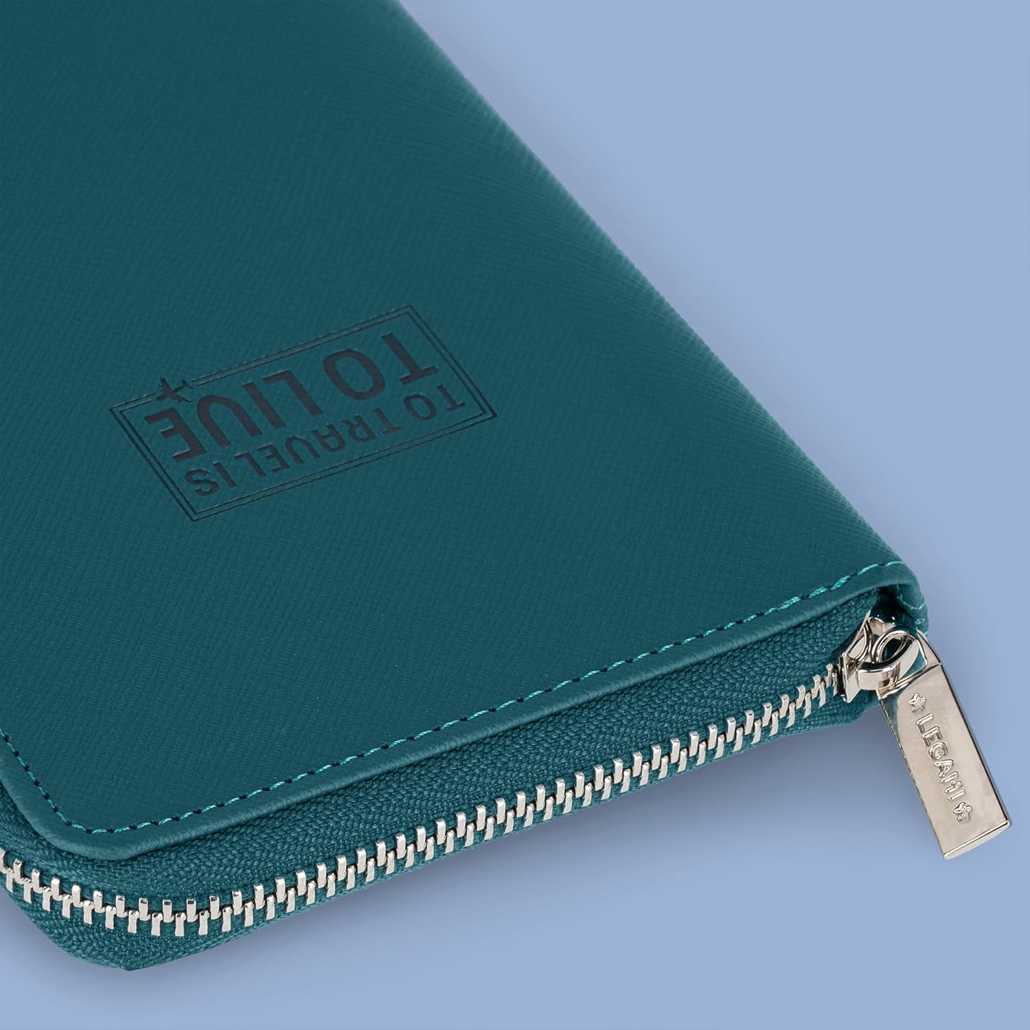 Legami - Petrol Blue Travel Document Holder Passport ID Card Holder RFID Blocking 4 Large Pockets 7 Small Pockets Zip Closure 11 x 24 x 3 cm, Blue, L, Casual