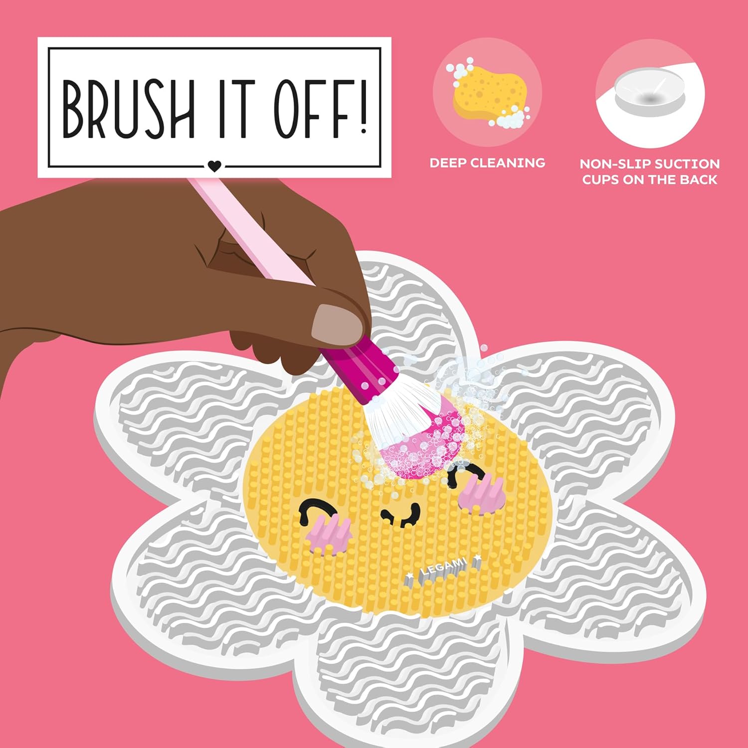 Legami - Makeup Brush Cleaner Mat - Brush it Off! - Makeup Brush Cleaning Pad, Silicone Pad for Cosmetics with Suction Cup, Daisy Theme