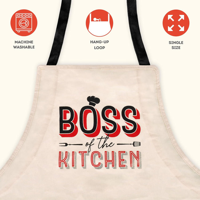 Legami - Boss of The Kitchen Apron for Men and Women, Super Chef, Front Pocket, Adjustable, One Size, Machine Washable, Size 56 x 76 cm, Boss of The Kitchen Theme, beige, One Size