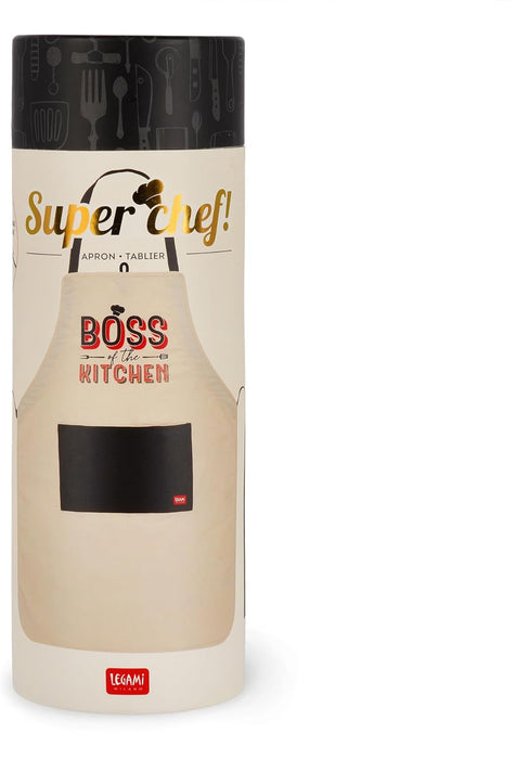 Legami - Boss of The Kitchen Apron for Men and Women, Super Chef, Front Pocket, Adjustable, One Size, Machine Washable, Size 56 x 76 cm, Boss of The Kitchen Theme, beige, One Size