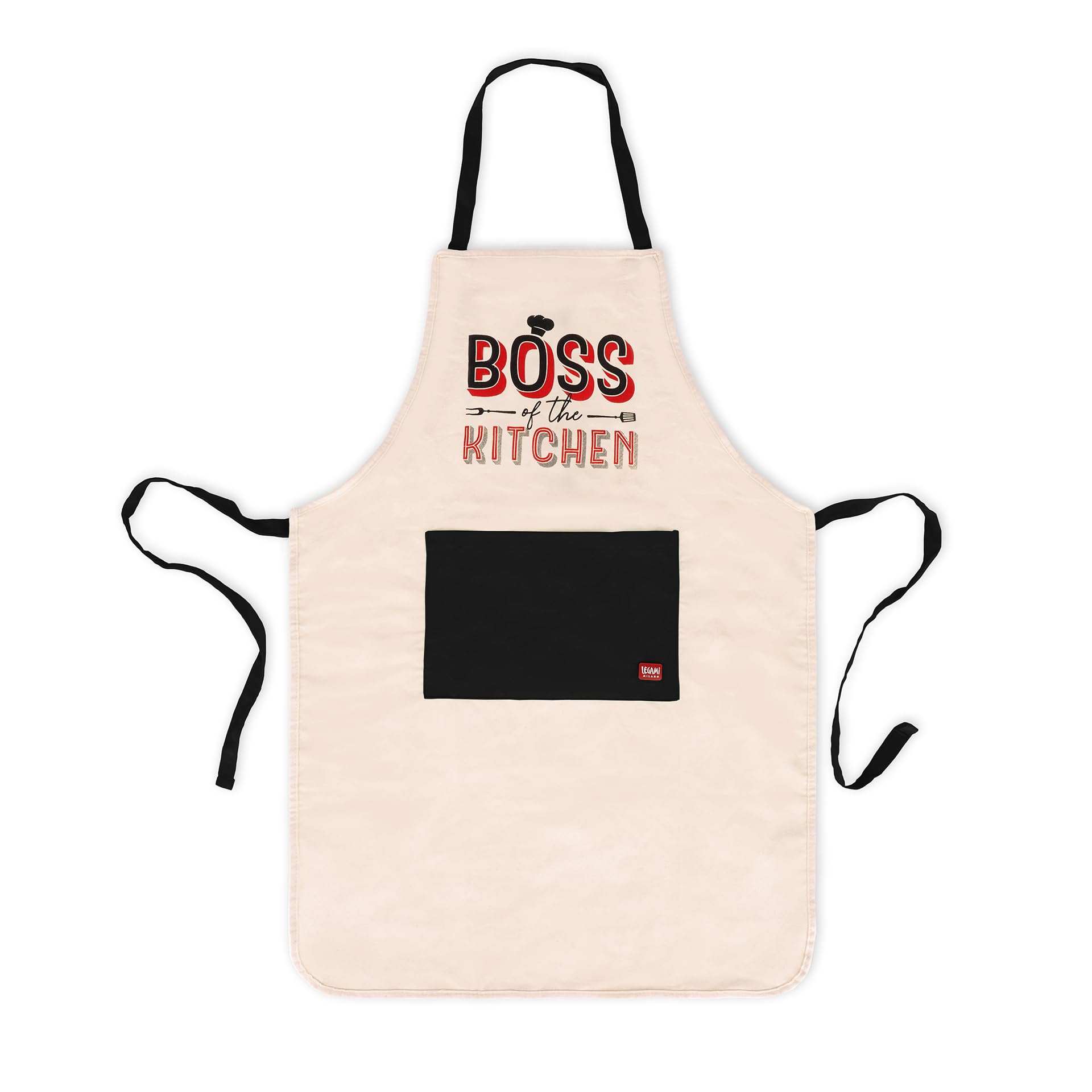 Legami - Boss of The Kitchen Apron for Men and Women, Super Chef, Front Pocket, Adjustable, One Size, Machine Washable, Size 56 x 76 cm, Boss of The Kitchen Theme, beige, One Size