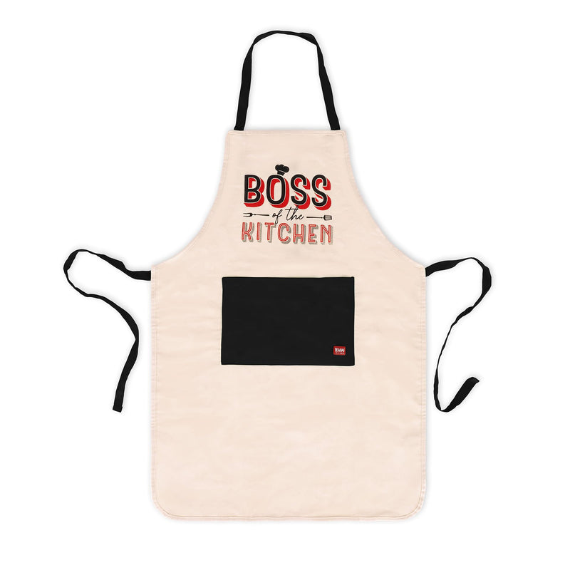 Legami - Boss of The Kitchen Apron for Men and Women, Super Chef, Front Pocket, Adjustable, One Size, Machine Washable, Size 56 x 76 cm, Boss of The Kitchen Theme, beige, One Size