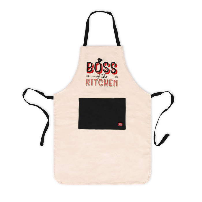 Legami - Boss of The Kitchen Apron for Men and Women, Super Chef, Front Pocket, Adjustable, One Size, Machine Washable, Size 56 x 76 cm, Boss of The Kitchen Theme, beige, One Size