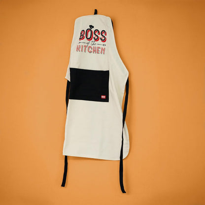 Legami - Boss of The Kitchen Apron for Men and Women, Super Chef, Front Pocket, Adjustable, One Size, Machine Washable, Size 56 x 76 cm, Boss of The Kitchen Theme, beige, One Size