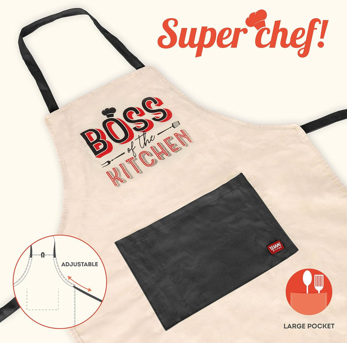Legami - Boss of The Kitchen Apron for Men and Women, Super Chef, Front Pocket, Adjustable, One Size, Machine Washable, Size 56 x 76 cm, Boss of The Kitchen Theme, beige, One Size
