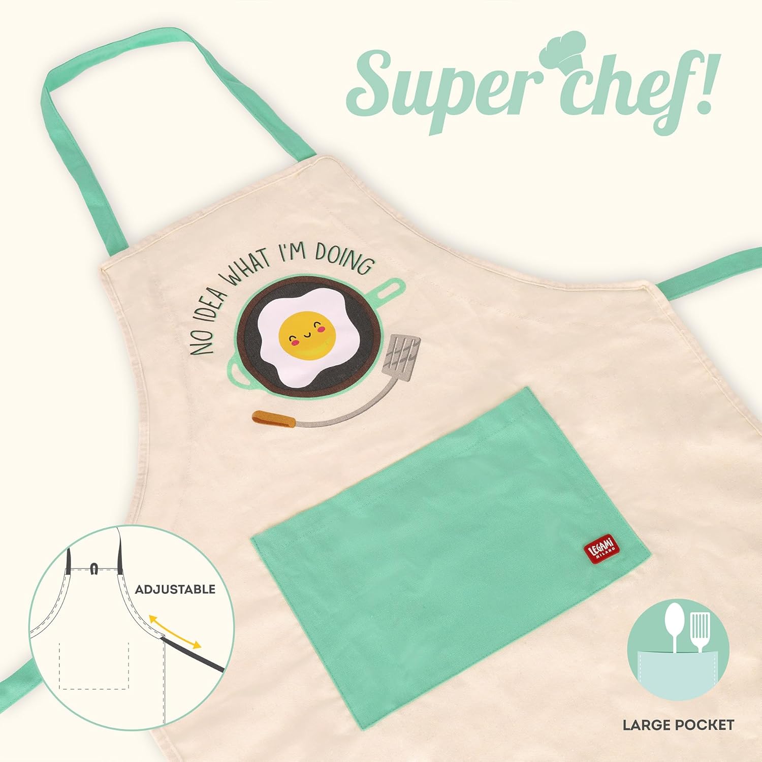 Legami - Kitchen Apron Men Women, Super Chef, Front Pocket, Adjustable, One Size, Machine Washable, Size 56 x 76 cm, No Idea What I am Doing Theme, beige, One Size