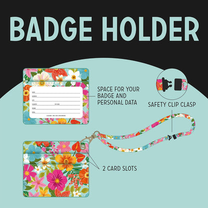 Legami - Badge Holder with Lobster Clasp, Card Holder with Security Clip Closure, 1 Transparent Window, PU Leather Card Pockets, Size 10.5 x 9 cm, Flowers Theme