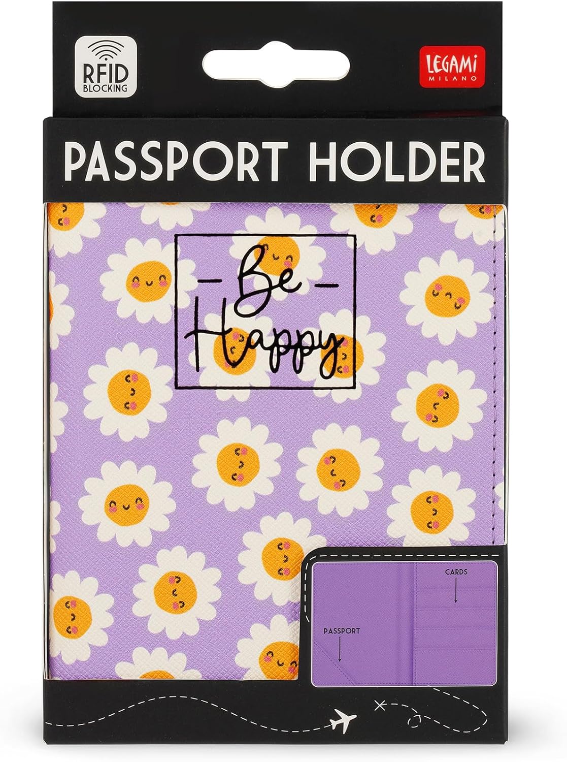 Legami - Passport Holder with Flowers, Passport Holder Wallet for Travel, Passport Case, 1 Passport Pocket, 4 Card Pockets, RFID Protection, 10.5 x 14 x 1 cm, Daisy Theme, Purple, S, Casual