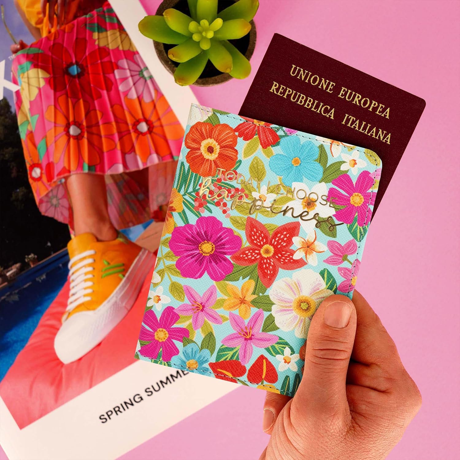 Legami - Passport Holder with Flowers, Passport Holder Wallet for Travel, Passport Case, 1 Passport Pocket, 4 Card Pockets, RFID Protection, 10.5 x 14 x 1 cm, Flowers Theme, Turquoise, S, Casual