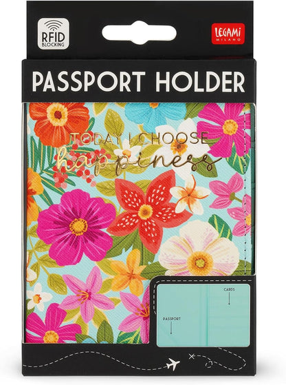 Legami - Passport Holder with Flowers, Passport Holder Wallet for Travel, Passport Case, 1 Passport Pocket, 4 Card Pockets, RFID Protection, 10.5 x 14 x 1 cm, Flowers Theme, Turquoise, S, Casual