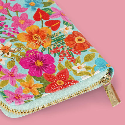 Legami - Flower Travel Document Holder Passport ID Card Holder RFID Blocking 4 Large Pockets 7 Small Pockets Zip Closure 11 x 24 x 3 cm Flowers Theme, Turquoise, L, Casual