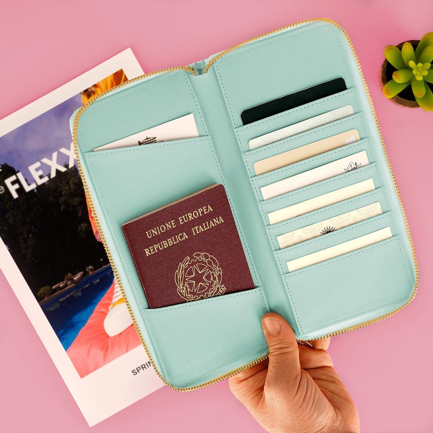 Legami - Flower Travel Document Holder Passport ID Card Holder RFID Blocking 4 Large Pockets 7 Small Pockets Zip Closure 11 x 24 x 3 cm Flowers Theme, Turquoise, L, Casual