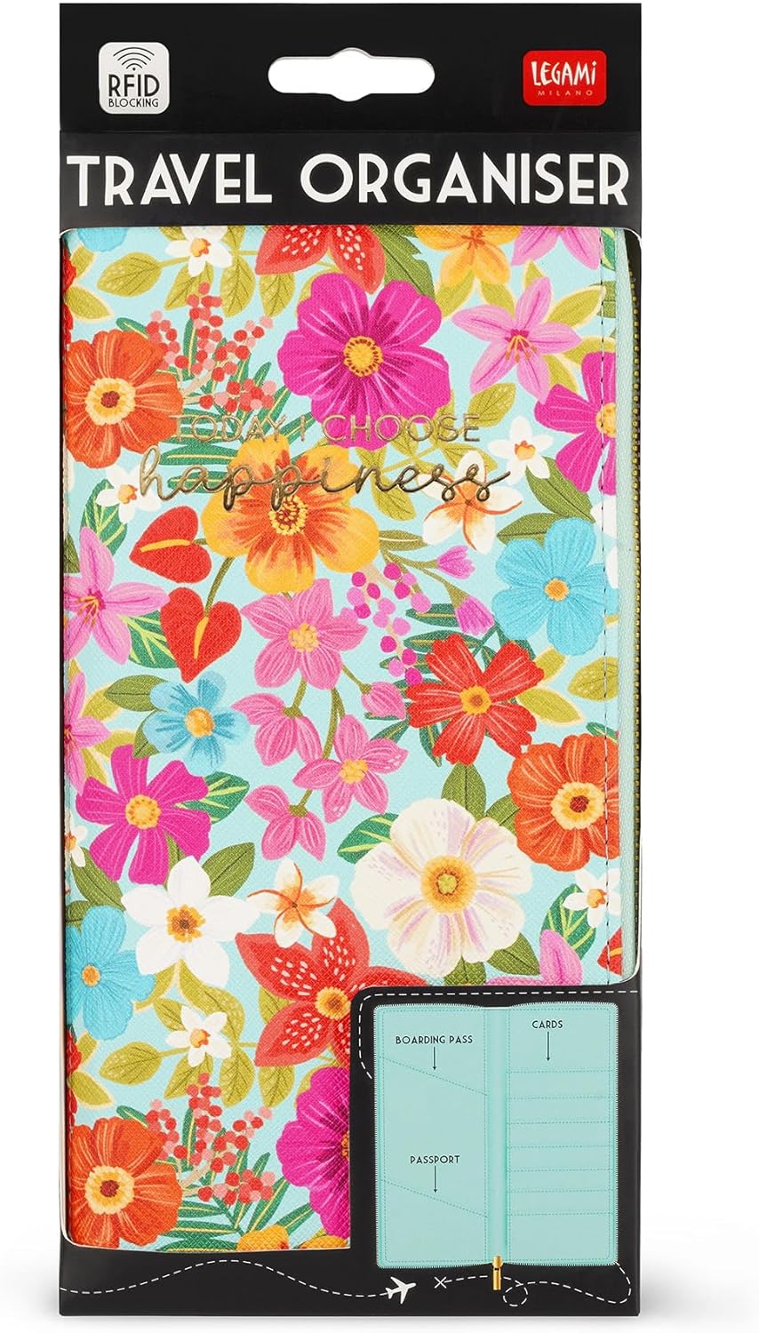 Legami - Flower Travel Document Holder Passport ID Card Holder RFID Blocking 4 Large Pockets 7 Small Pockets Zip Closure 11 x 24 x 3 cm Flowers Theme, Turquoise, L, Casual
