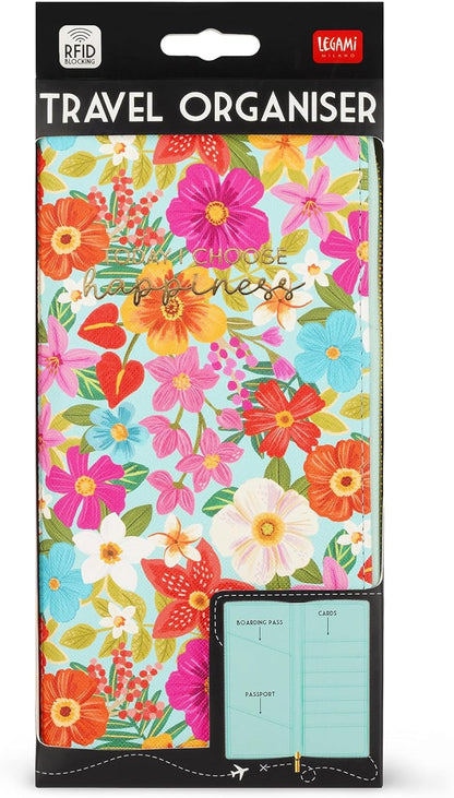 Legami - Flower Travel Document Holder Passport ID Card Holder RFID Blocking 4 Large Pockets 7 Small Pockets Zip Closure 11 x 24 x 3 cm Flowers Theme, Turquoise, L, Casual