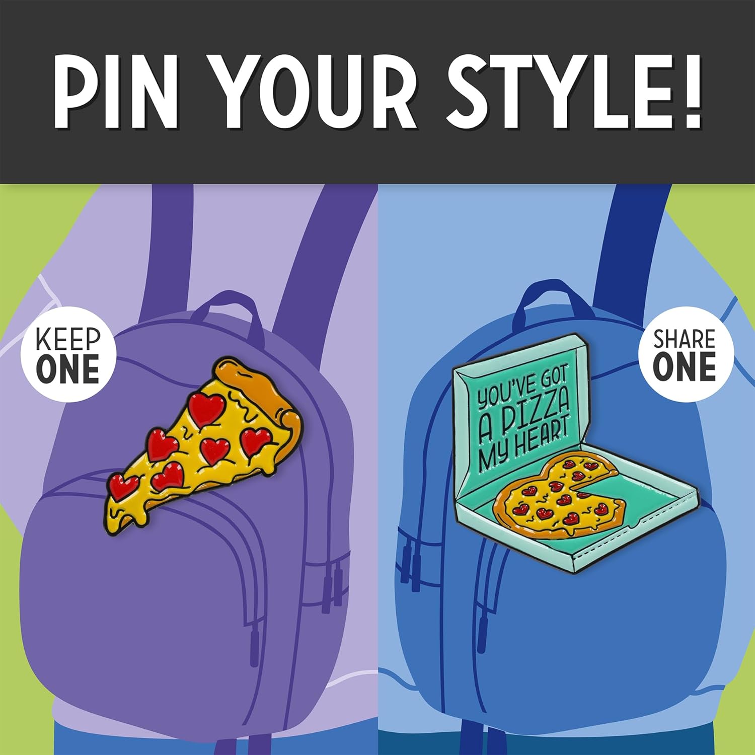 Legami - Set of 2 Enamel Pin Your Style! Brooch for Backpack Bag, Gift for Couples, Pizza, Size 3 x 3 x 1 cm, Yellow, Taglia unica, yellow, One size, Modern