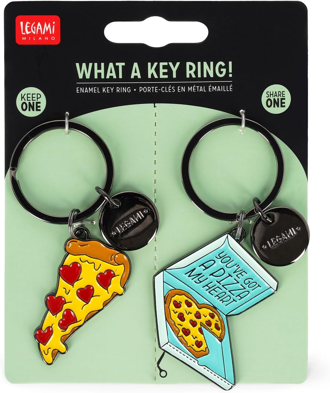 Legami - Set of 2 Enameled Metal Keychains, What a Key Ring!, Pizza Design, Gift for Couple, Bag Charm Keychain, Durable Spiral Ring, Size 4 x 8.5 x 0.3 cm, yellow, Taglia unica