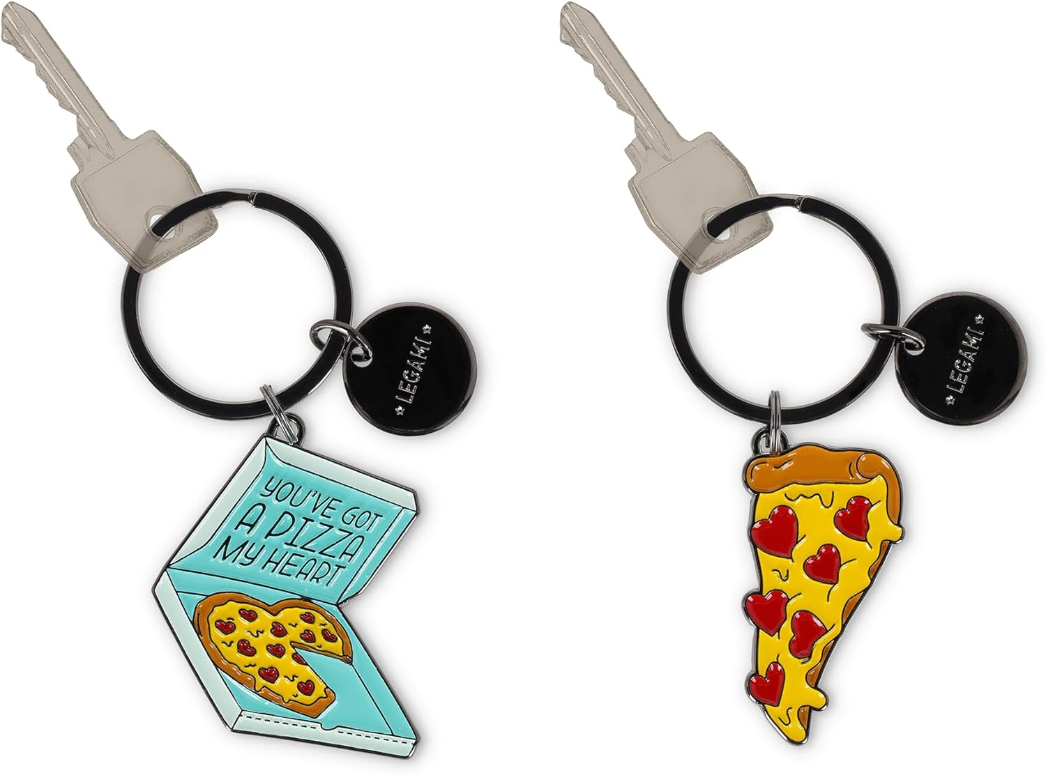 Legami - Set of 2 Enameled Metal Keychains, What a Key Ring!, Pizza Design, Gift for Couple, Bag Charm Keychain, Durable Spiral Ring, Size 4 x 8.5 x 0.3 cm, yellow, Taglia unica