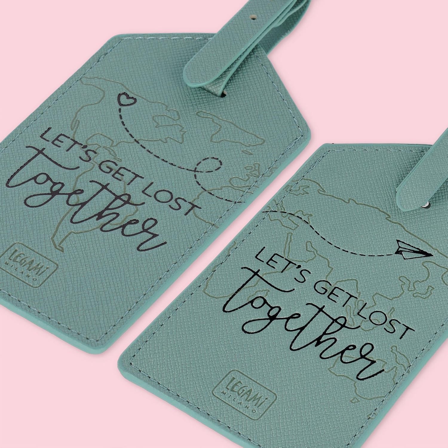 Legami - Luggage Tags, Let's Get Lost Together, Set of 2 Suitcase Tags, Airplane Cruise Train Travel Accessory, Luggage Tag for PU Leather and Microfiber Data Protection