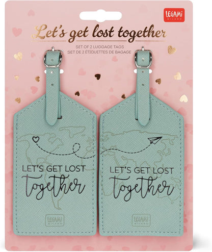 Legami - Luggage Tags, Let's Get Lost Together, Set of 2 Suitcase Tags, Airplane Cruise Train Travel Accessory, Luggage Tag for PU Leather and Microfiber Data Protection
