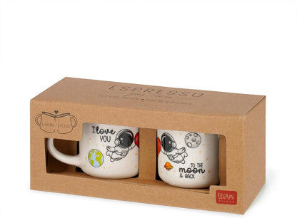 LEGAMI - Espresso Cups for Two, Set of 2 Coffee Cups Made of New Bone China, Coffee Cup Dishwasher Safe, Astronaut I Love You, Diameter 5.5 cm, Capacity 50 ml