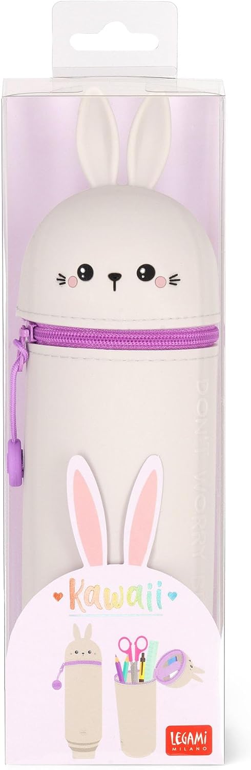 Legami - 2 in 1 Soft Silicone Kawaii Bunny Pencil Case - Zipper Closure, Silicone, Pens Crayons Markers, H 18.5 cm