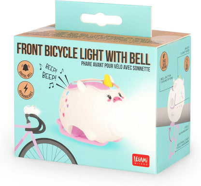 Legami - Bicycle Front Light with Bell Unicorn Theme Adjustable Strap, 3 Light Modes, 5 Sound Modes, Type-C Cable Included, Rechargeable, Water Resistant