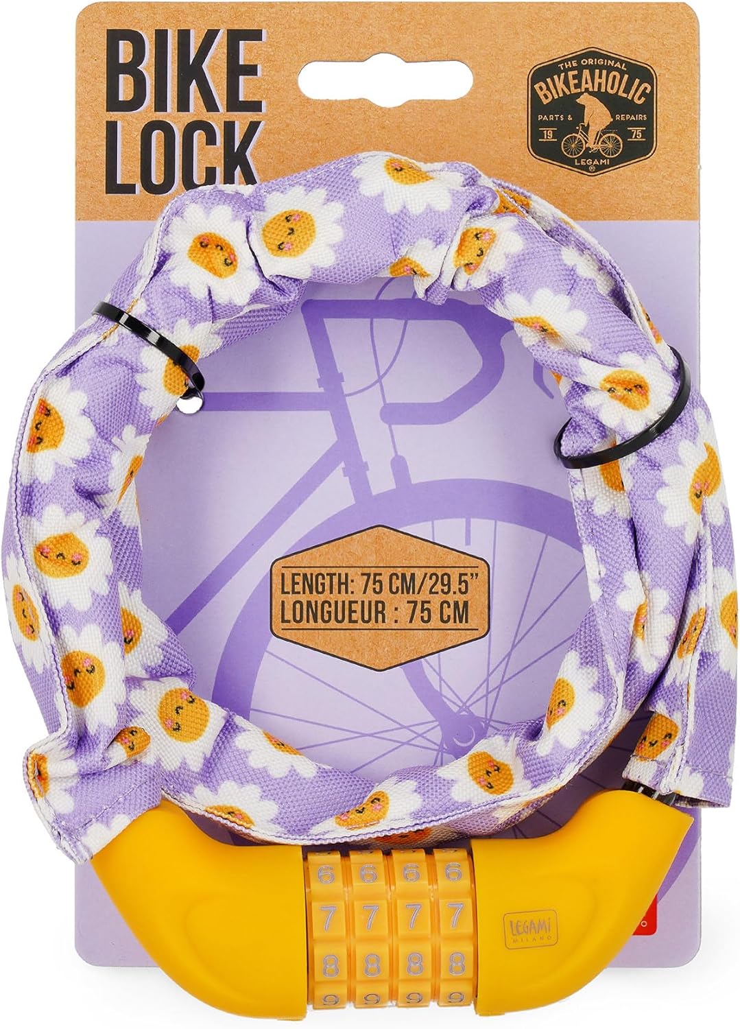 Legami BIL0004 Number Lock, L 75 cm, Water Resistant, Ideal for Bike Lovers, Anti Theft Bicycle, Diameter 1.5 cm, Customisable Combination, Daisy, Purple