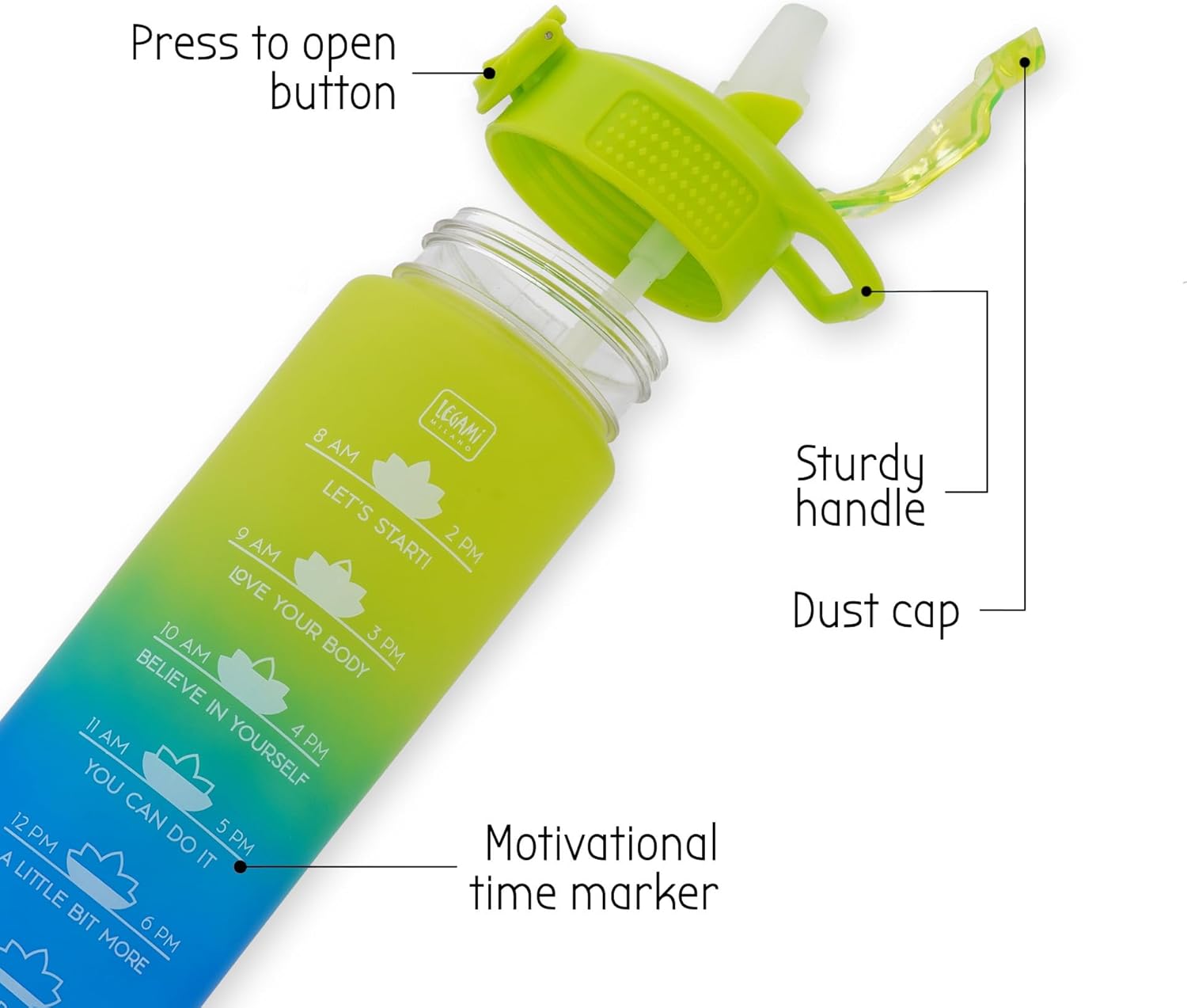 Legami - Borraccia Motivazionale 1L - Love Yourself, Borraccia con Orari per Bere, Ideale per Fare Sport, Idratarsi, Chiusura Ermetica, Riutilizzabile, Resistente, Priva di BPA, con Cannuccia