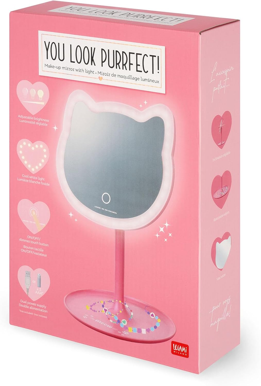 LEGAMI - You Look Purrfect! - Make Up Mirror with Light - Cat Shape - Adjustable Brightness and Tilt, Double Powered by USB or Batteries, for Makeup