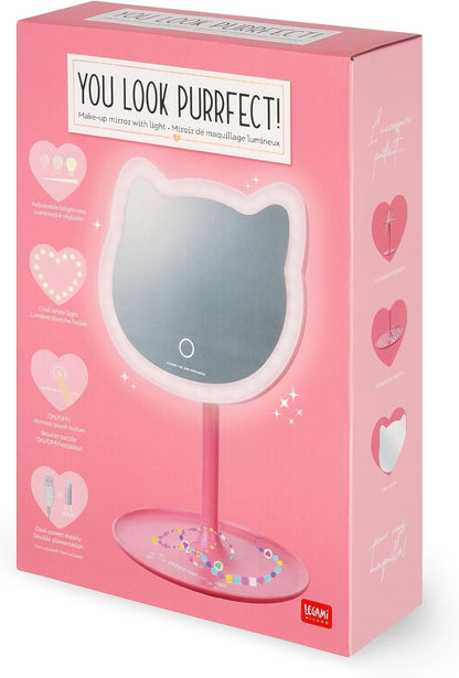 LEGAMI - You Look Purrfect! - Make Up Mirror with Light - Cat Shape - Adjustable Brightness and Tilt, Double Powered by USB or Batteries, for Makeup