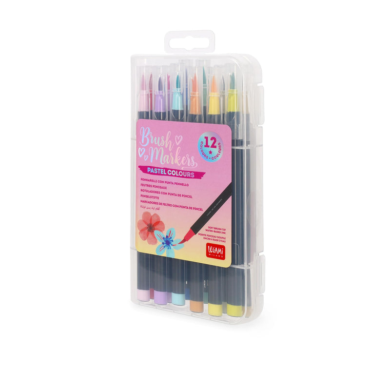 Legami - Set of 12 Brush Markers - Brush Markers, Flexible Tip in Nylon Fibre, Markers 12 Pastel Colours, Fluid Strokes and Variable Widths, Marker Diameter 1 cm
