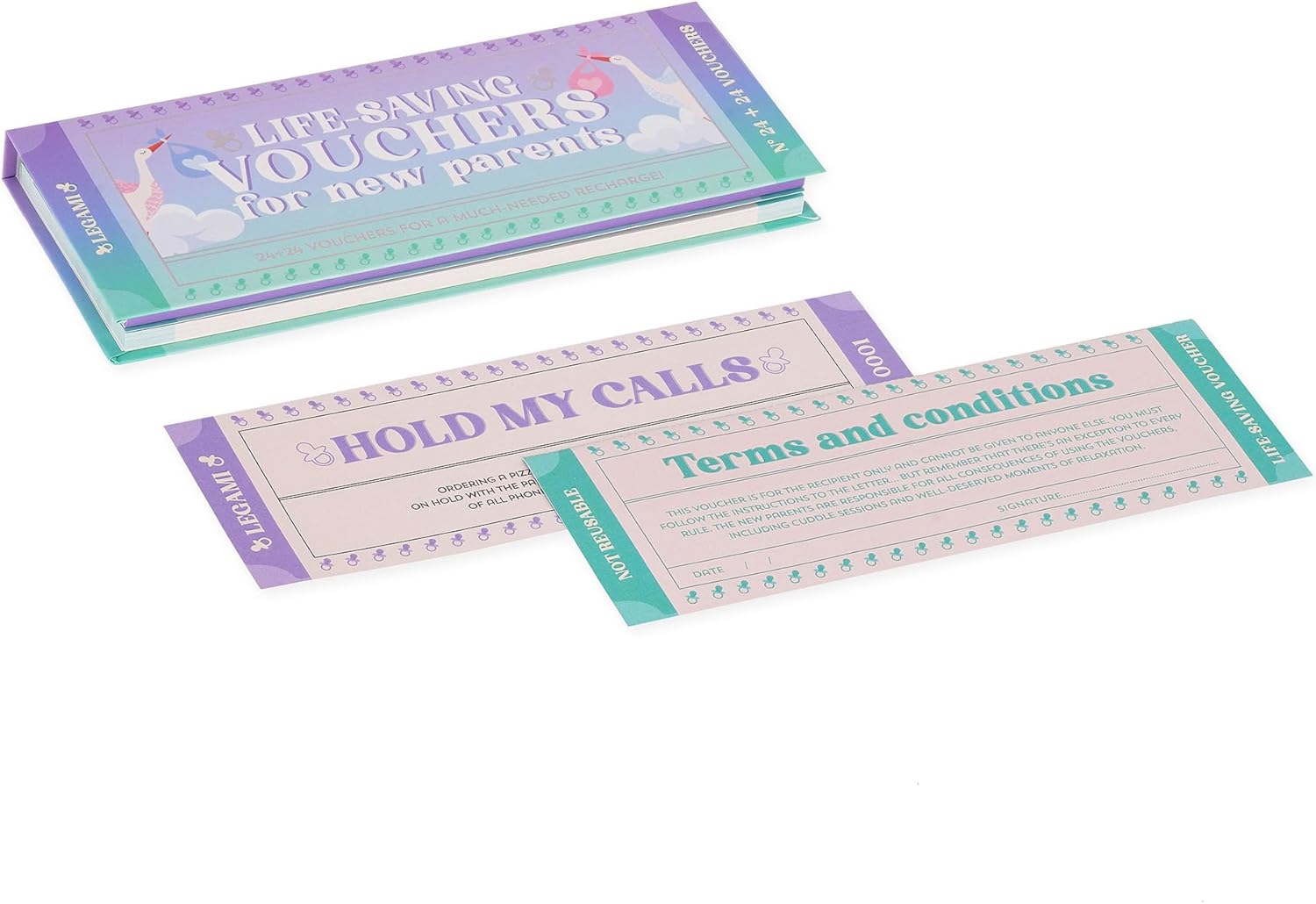 Legami - Pad of 48 (24 + 24) New Parents Voucher with Tear Punch, Gift Idea, New Parent Theme, 8" x 3.35"