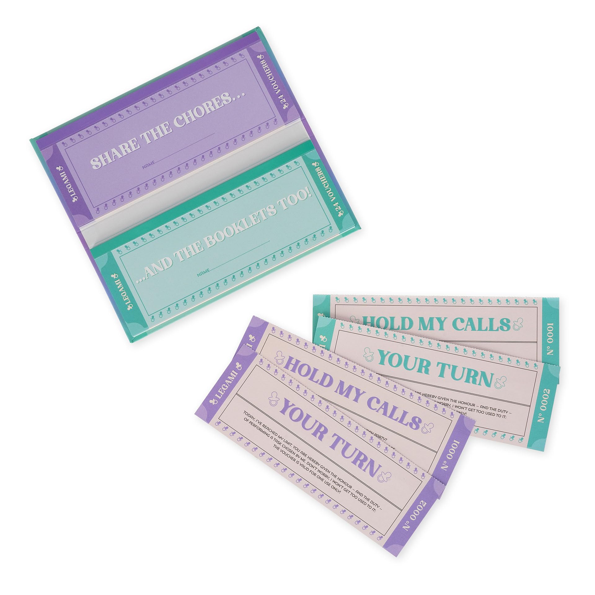 Legami - Pad of 48 (24 + 24) New Parents Voucher with Tear Punch, Gift Idea, New Parent Theme, 8" x 3.35"