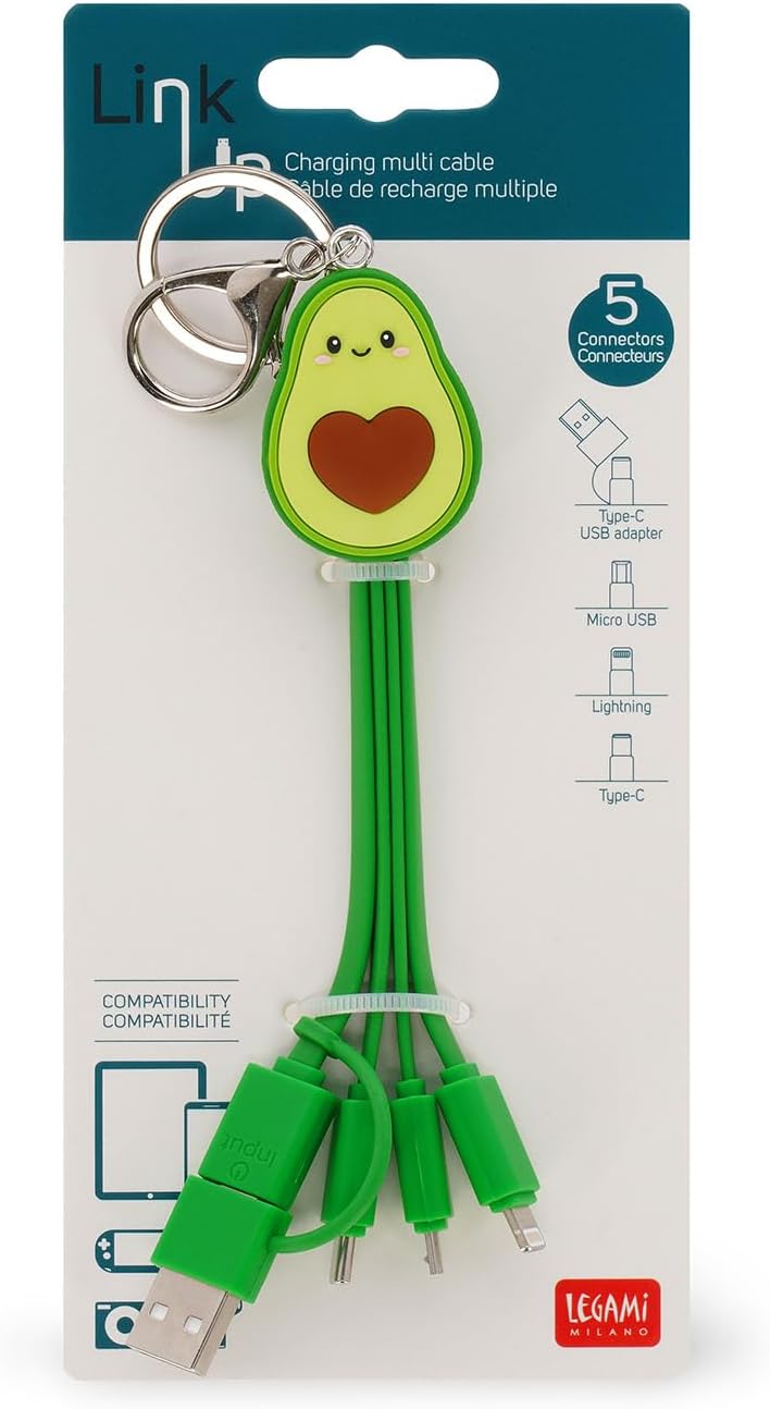 Legami - Avocado Theme Multiple Link Up Charging Cable with Keychain, 4 USB Charging Cables, Type-C, Micro-USB, Lightning, with USB Type C Adapter, TPE Coated Cable
